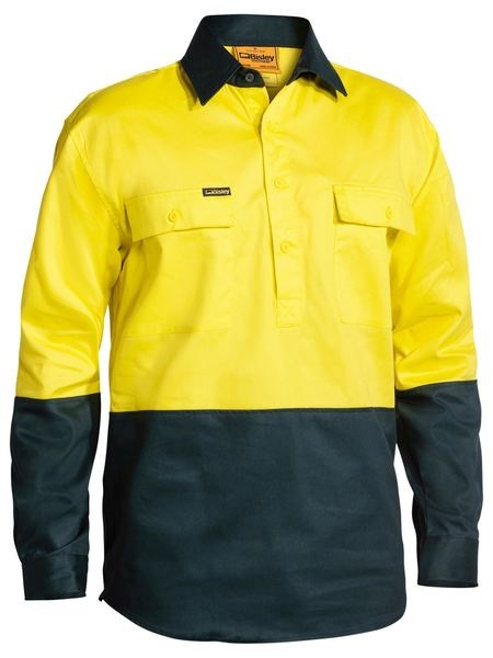 BISLEY Closed Front HiVis Drill Shirt L/Sleeve