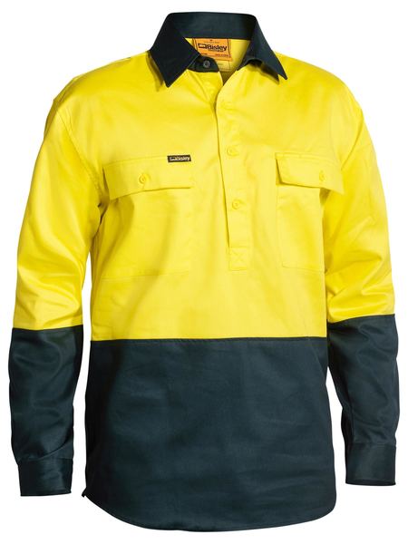 BISLEY BSC6267 Closed Front HiVis Drill Shirt L/Sleeve - YELLOW/BOTTLE