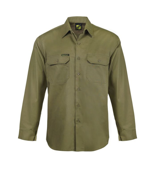 WORKCRAFT Lightweight Vented Cotton Long Sleeve Shirt - KHAKI