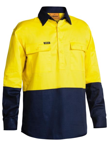 BISLEY BSC6267 Closed Front HiVis Drill Shirt L/Sleeve - YELLOW/NAVY