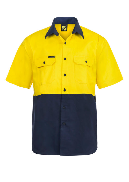 WORKCRAFT Hi-Vis Short Sleeve Cotton Drill Shirt - YELLOW/NAVY