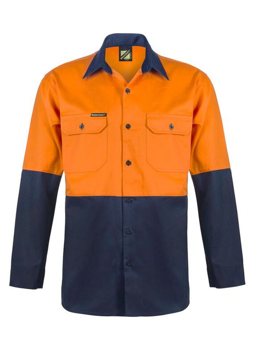WORKCRAFT Hi-Vis Long Sleeve Cotton Drill Shirt - ORANGE/NAVY