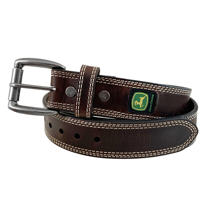 JOHN DEERE Bridle Leather Stitched Edges Dark Brown Belt