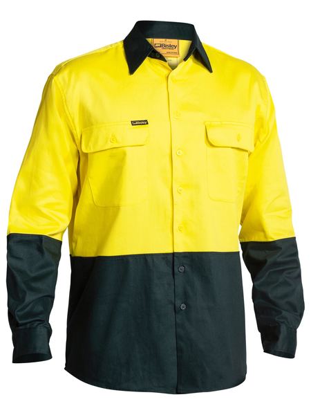 BISLEY BS6267 HiVis Drill Shirt L/Sleeve - YELLOW/BOTTLE