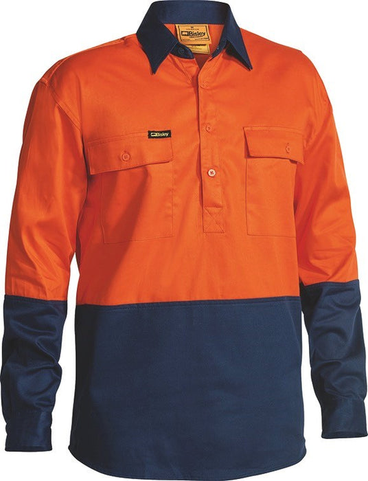 BISLEY Closed Front HiVis Drill Shirt L/Sleeve
