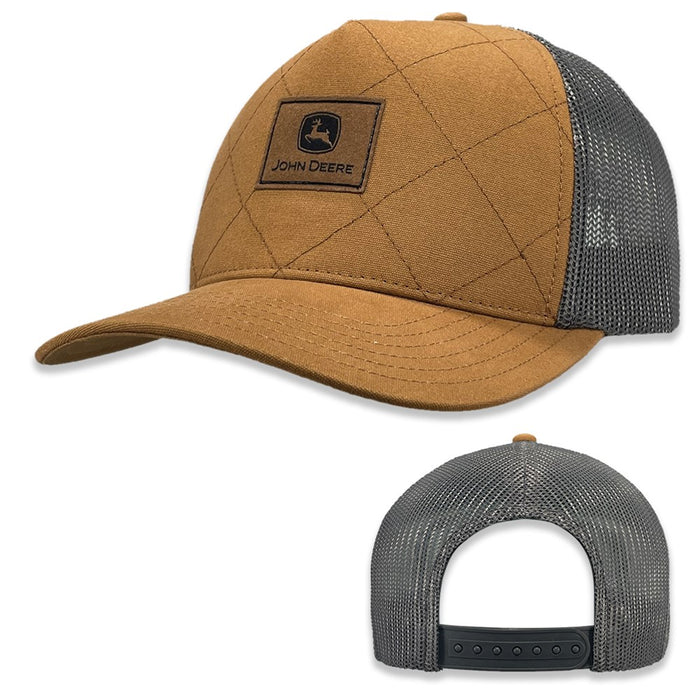 JOHN DEERE Quilted Canvas Cap w/ Leather Patch Brown/Charcoal