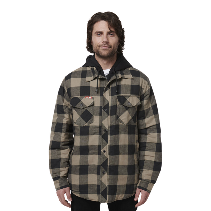 HARD YAKKA Quilted Flannel Hooded Shacket - Iron Bark