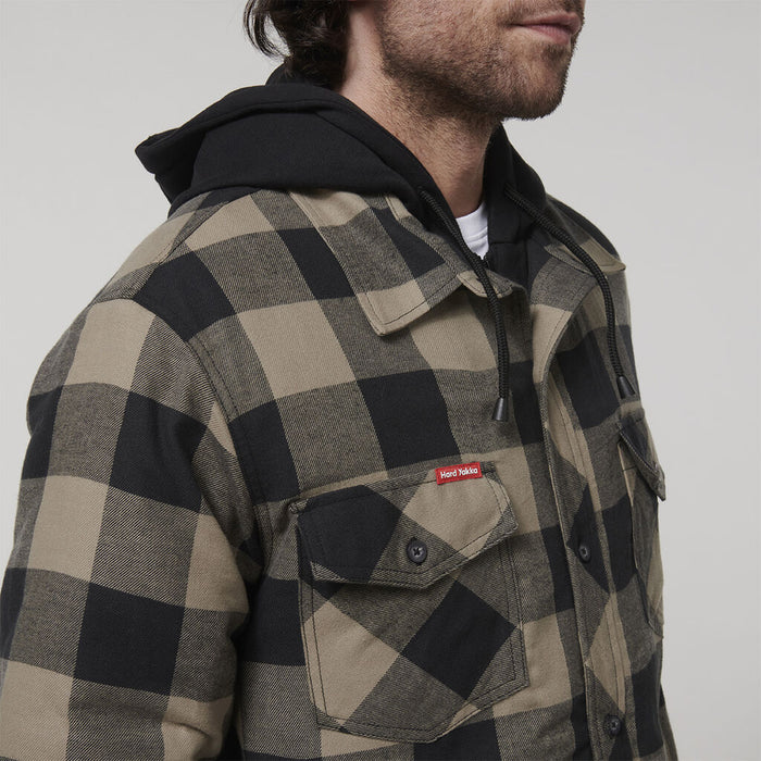 HARD YAKKA Quilted Flannel Hooded Shacket - Iron Bark