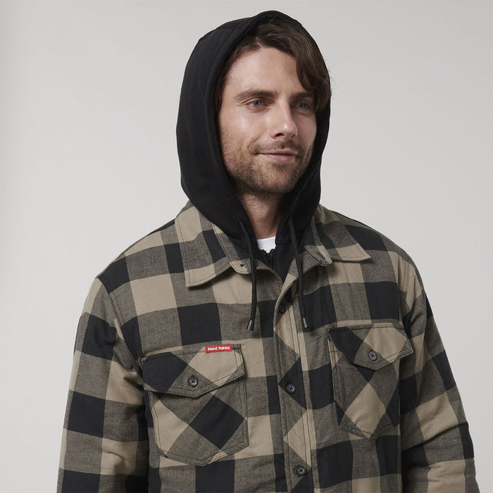 HARD YAKKA Quilted Flannel Hooded Shacket - Iron Bark