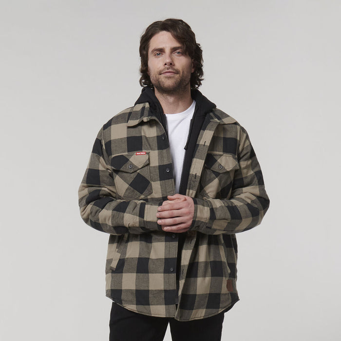 HARD YAKKA Quilted Flannel Hooded Shacket - Iron Bark