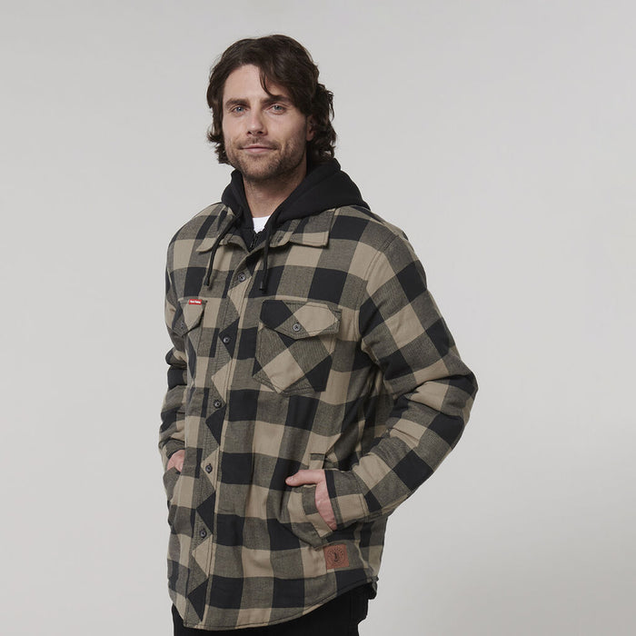 HARD YAKKA Quilted Flannel Hooded Shacket - Iron Bark