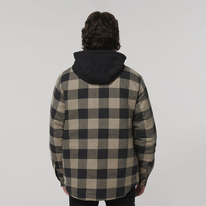 HARD YAKKA Quilted Flannel Hooded Shacket - Iron Bark