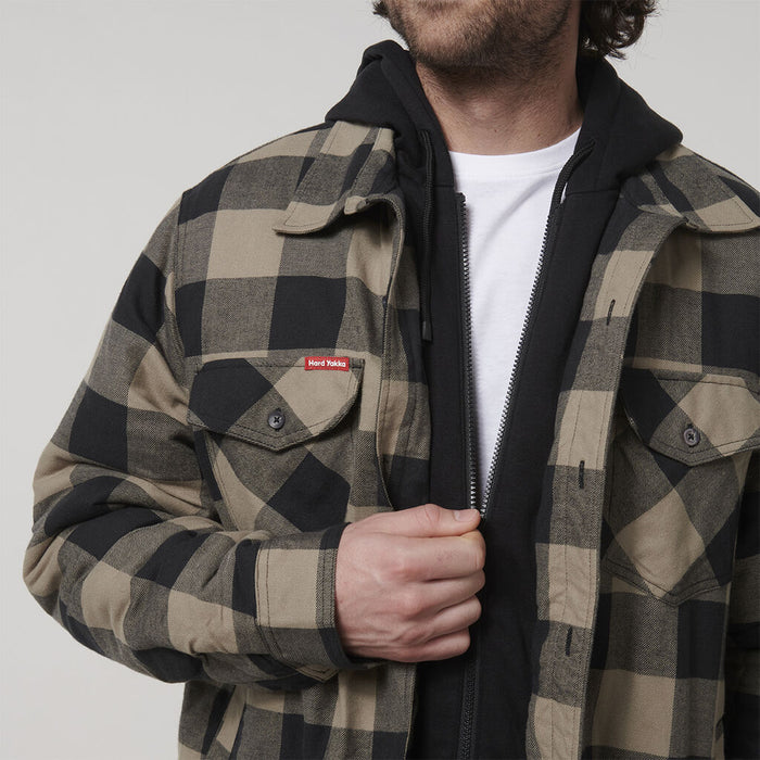 HARD YAKKA Quilted Flannel Hooded Shacket - Iron Bark