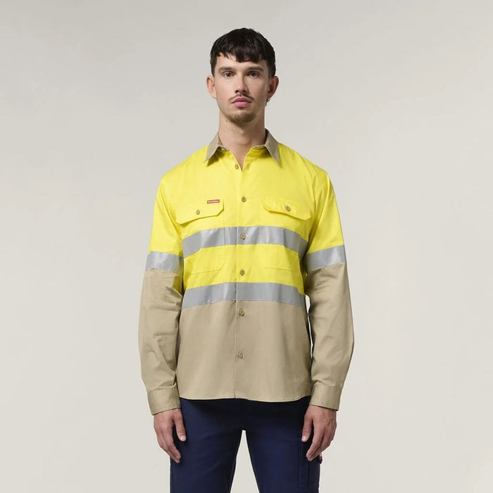 HARD YAKKA Core Hi-Vis Long Sleeve 2 Tone Taped Vented Cotton Shirt