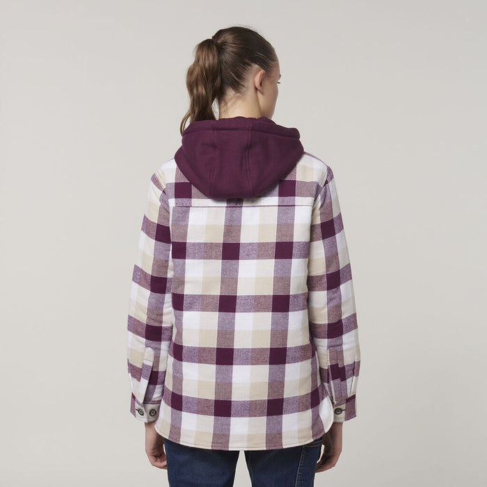 HARD YAKKA Women's Quilted Flannel Hooded Shacket - Potent Purple