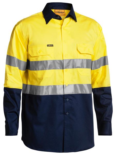 BISLEY BS6896 Taped HiVis Cool Lightweight Drill Shirt L/Sleeve - YELLOW/NAVY