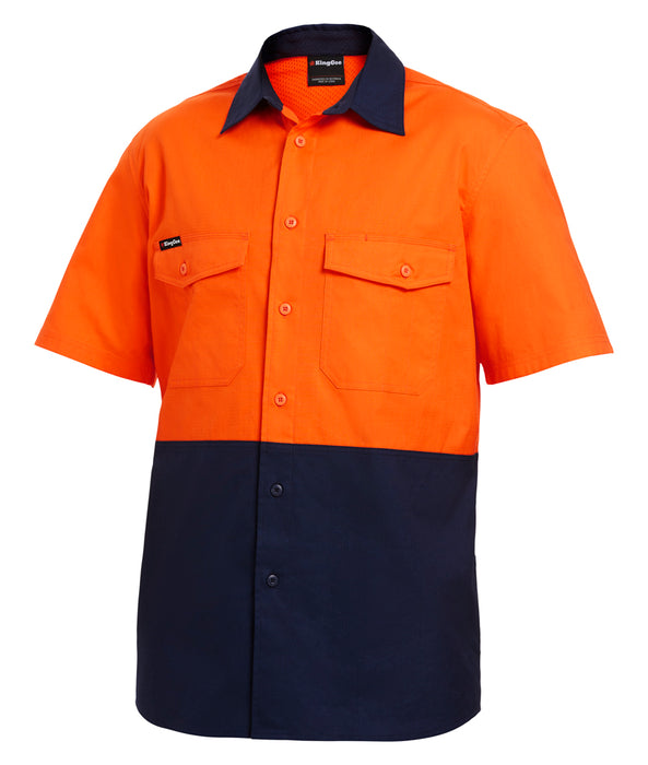 KING GEE Workcool 2 Spliced Short Sleeve Shirt - ORANGE/NAVY