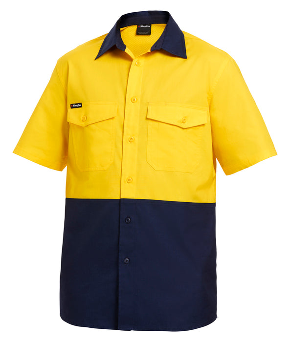 KING GEE Workcool 2 Spliced Short Sleeve Shirt - YELLOW/NAVY