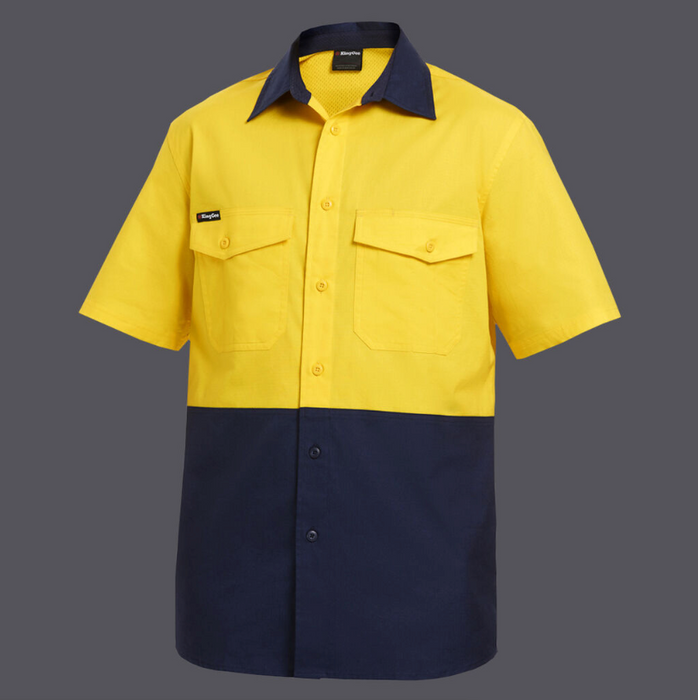 KING GEE Workcool 2 Spliced Short Sleeve Shirt - YELLOW/NAVY